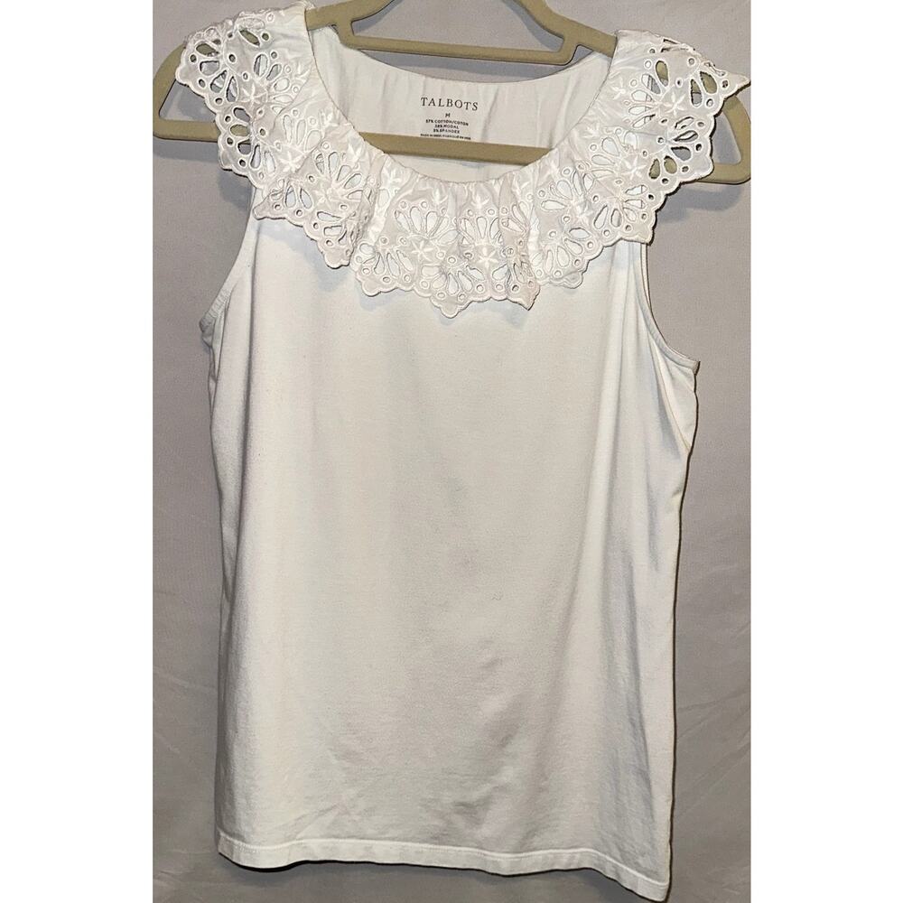 Talbots Cotton Stretch Sleeveless Lace Collar V-Neck White Size  Medium